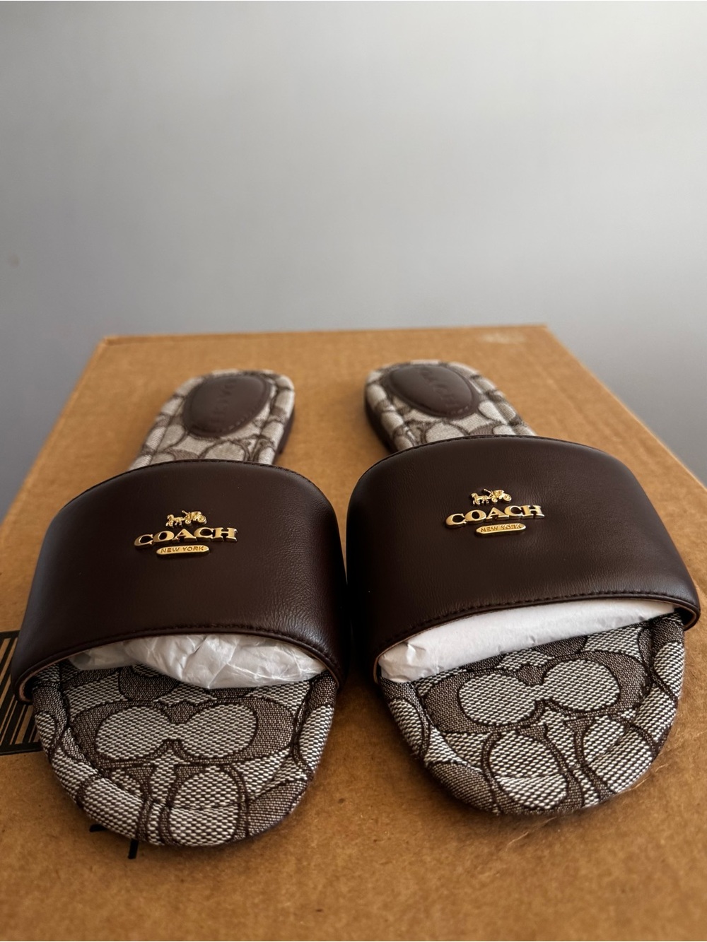 NIB Coach Lockup Signature Slide Sandals Brown Oak Maple Size 8